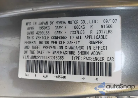 2008 Honda Accord 2.4 Lx-P from USA, damaged, VIN JHMCP26448C015365